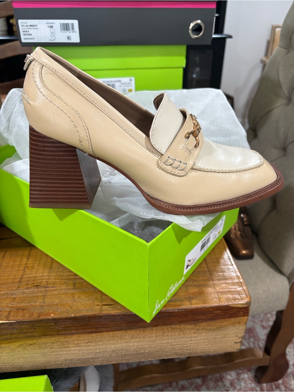 Sam Edelman Cream Leather Block-Heel Loafer with Gold Chain